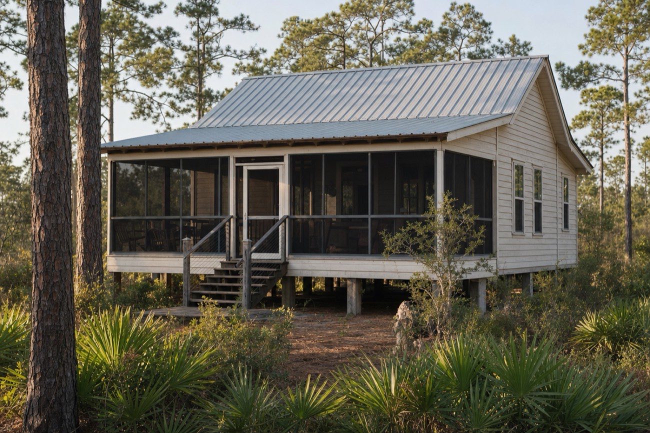 Old Florida style home with a galvalume 5V crimp metal roof