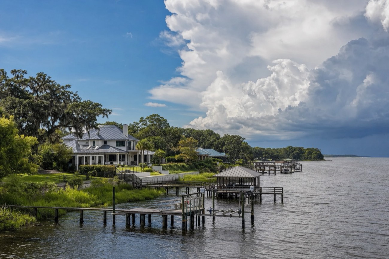 Homes with metal roofs along the St. Johns River as a summer storm builds