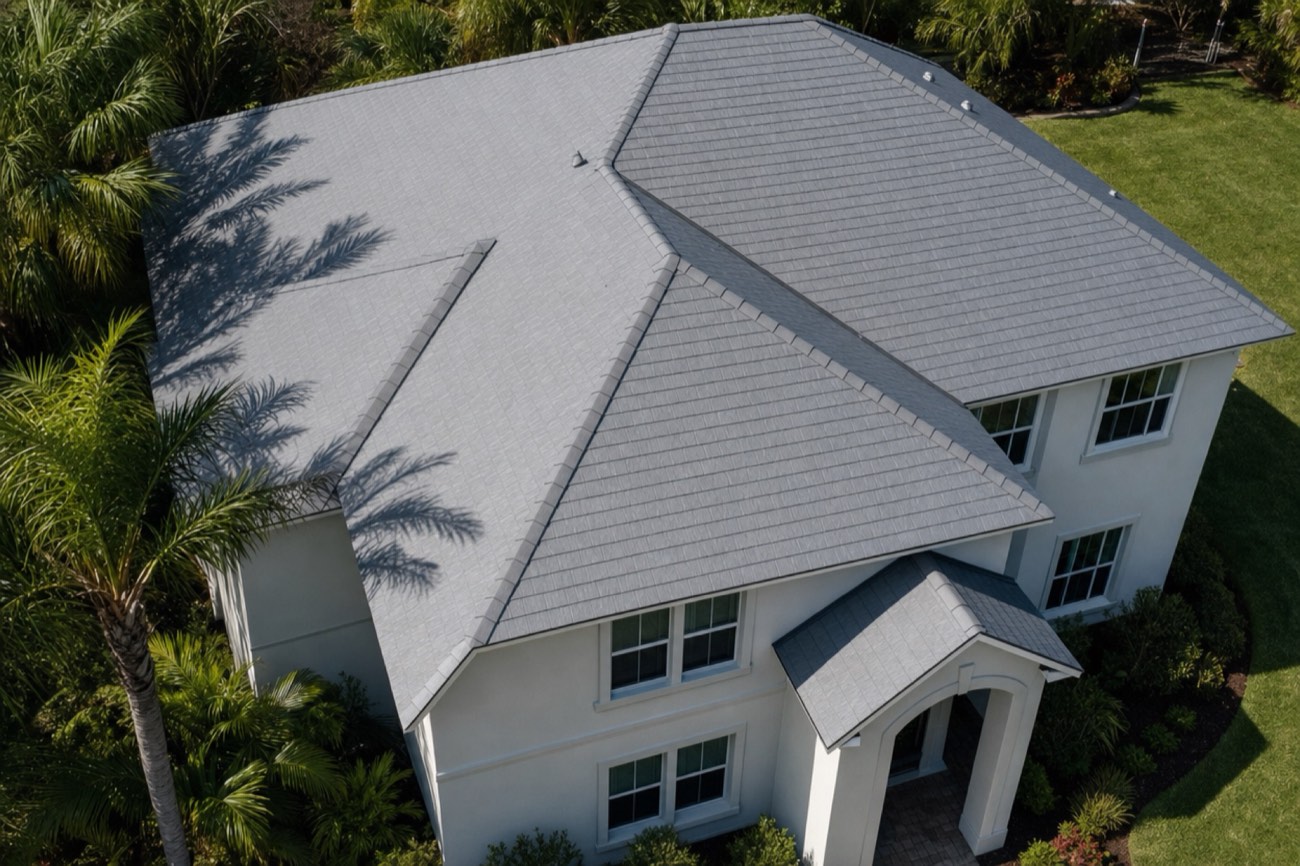 Aerial view of a hip roof covered in gray slate-profile metal shingles